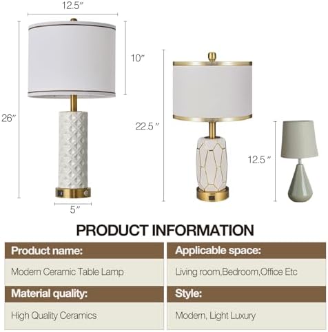 Set of 2 Table Lamp for Living Room Bedroom Farmhouse,26'' Touch Control Bedroom Ceramic Lamps 3-Way Dimmable Bedside Lamps with USB A+C Ports Linen Shade for Home(2 Bulbs Included) - Image 5