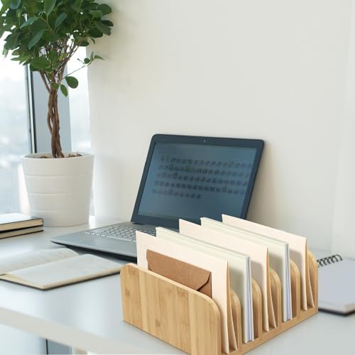 Lineshading Bamboo Letter Organizer, 5 Compartments Desk Mail Organizer, Desktop Envelope Holder and Letter Sorter, Countertop Paper File Holders with Anti Slip Mat for Home Office(Wood Color) - Image 5