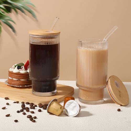 Glass Cups with Lids and Straws - 16 oz Iced Coffee Cups, Vintage Ribbed Drinking Glasses with Bamboo Lids, Glass To-Go Cup, Party, Tumbler for Juice, Beer, Coffee, Milk, Cocktail, Water (4 Pack) - Image 5