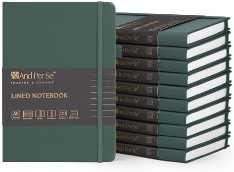 &And Per Se 10-Pack Lined Notebooks, A5 Hardcover, 160 Pages 100gsm Thick Paper, Office Supply Bulk Order, Corporate New Hire Kits, Breakroom Essentials – College Ruled, 10 Units (Green) by AndPerSe