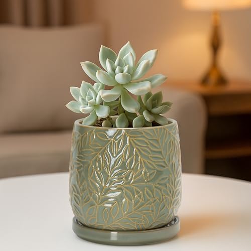 D'vine Dev Embossed Leaves Ceramic Planter, 5 in, Olive, 27-A-V-0 - Image 2