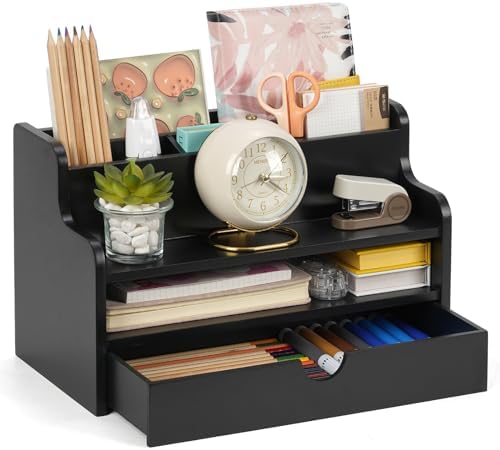 Mail Organizer Countertop, 4 Slots Desk Organizer with Drawer and Shelf by Dhmkfly
