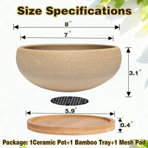 MUZHI 8 inch Round Unglazed Ceramic Bonsai Pot with Bamboo Tray, Shallow Plain Pottery Succulent Planter with Drainage Hole (8”) - Image 2