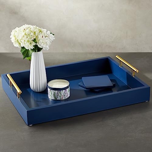 Juvale Coffee Table Tray - 15.7 x 11.8 x 3 in, Blue, Rustic Wood - Serving Tray with Interchangeable Gold & Silver Handles for Coffee Table Decor & Ottoman Use with 2 Coasters - Image 5