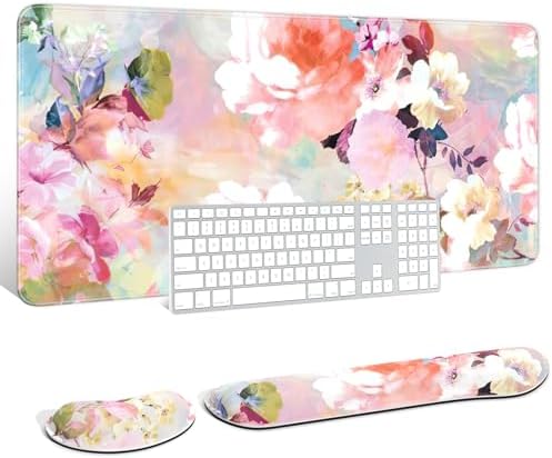 Auhoahsil Large Mouse Pad with Wrist Rests for Keyboard & Mouse, Thick Soft Ergonomic Memory Foam Wrist Supports, Big & Long Desk Mat 35.5 x 15.7 in, for Office Gaming Computer, Pink Flowers by Auhoahsil