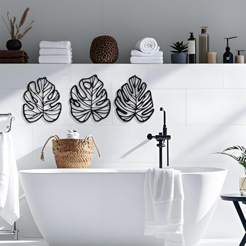 Palm Leaves Wood Wall Decor , 3Pcs Tropical Wall Art Jungle Decor, Wooden Natural Leaves Plant Wall Decor, Vintage Tropical Plant Plaque for Home Living Room Kitchen Bedroom Bathroom & Garden, Black - Image 2