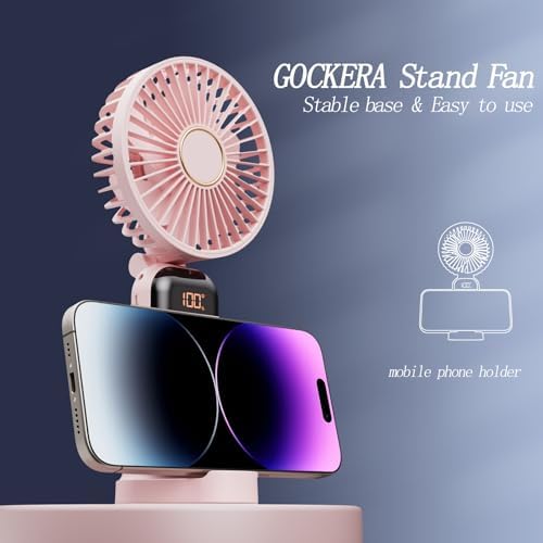 GOCKERA Portable Fan, 4200mAh Battery Operated Fan, 5 Speeds&Digital Display, Makeup Fans for Women with Base, 180°Foldable 3in1 Handheld/Neck/Desk Fan for Outdoor Indoor,Ultra Quiet (Pink) - Image 5