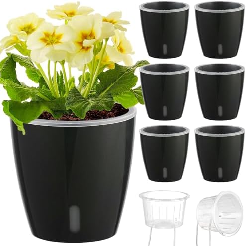 Self Watering Pots for Indoor Plants, 6-Pack 5'' Self Watering Planter with Drainage Holes, Small African Violet Pots with Water Indicator, Clear Wick Orchid Pot, Black by KvyusFlourish