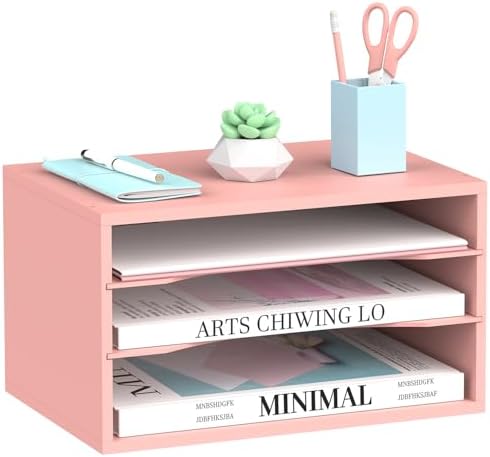 3 Tier Wood Desk Organizer, Mail Sorter and Paper Organizer for Desk, Pink by SUPEASY