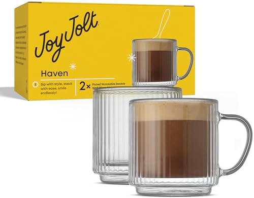 JoyJolt Haven Stackable Fluted Glass Mugs Set of 2, 5.5oz Ribbed Double Wall Glass Coffee Mugs, Stacking Insulated Coffee Cup Set also for Espresso Shot Tea Latte Macchiato Cappuccino - Image 2