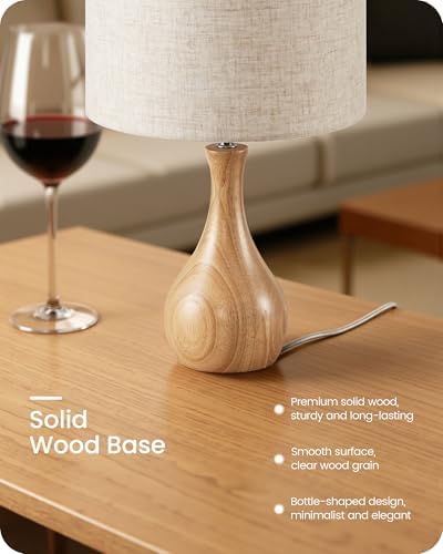 Small Table Lamp, Wood Desk Lamp with Beige Linen Lampshade & Natural Wood Bottle-Shaped Base, Modern Bedside Lamp with Cable, E26 Base, Bulb Not Included, for Bedroom, Kid's Room, ME09TL05 - Image 5