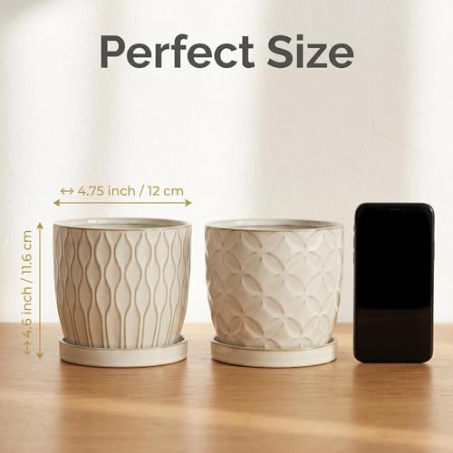 Nihow Ceramic Plant Pots with Drainage Hole & Saucer, 4.75 Inch, White-1 - Image 2