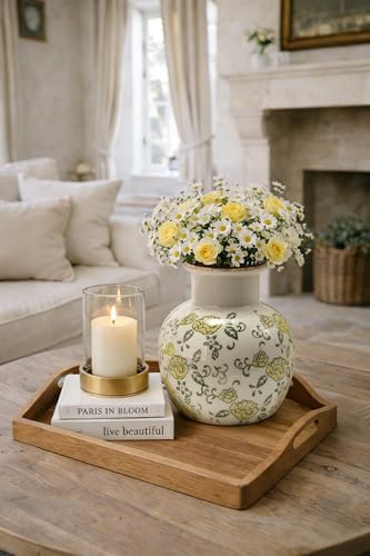 SIDUCAL Ceramic Vintage Vase, 5.91 Inch Retro Ice Cracked Chinoiserie Floral Vase, Rustic Farmhouse Vases for Home Decor, Bookshelf, Garden, Chinoiserie Decor, Tuscan Decor, Yellow Rose Pattern - Image 5