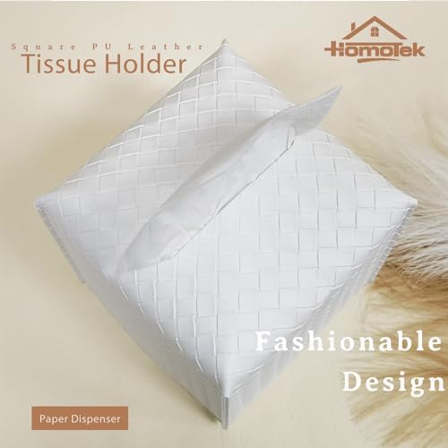 HOMOTEK 2 Pack Tissue Box Cover,PU Leather Tissue Holder,Square Decorative Facial Tissue Cube Paper Organizer Dispenser for Bathroom, Night Stands, Desk, Car 5X5X5'' - Woven Waffle, Pure White - Image 2