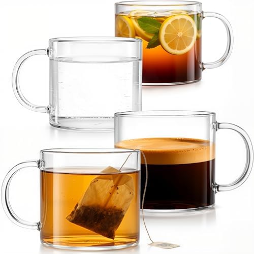 Aquach 12oz Glass Mugs Set of 4, Clear Borosilicate Cups with Handle by Aquach