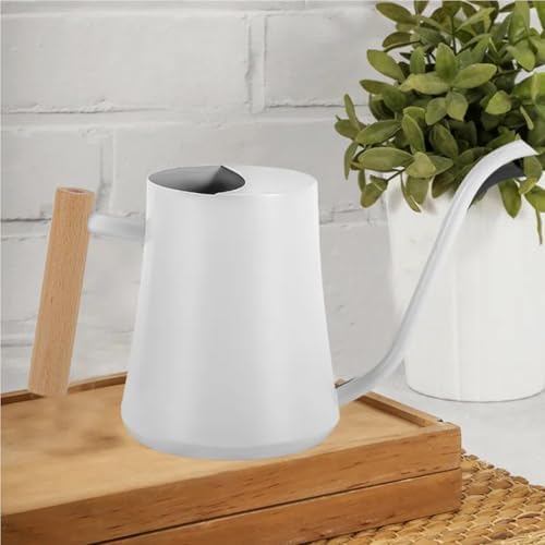 Indoor Watering Can with Long Spout, 34oz Capacity, White Metal with Wood Handle (White-W1) - Image 3