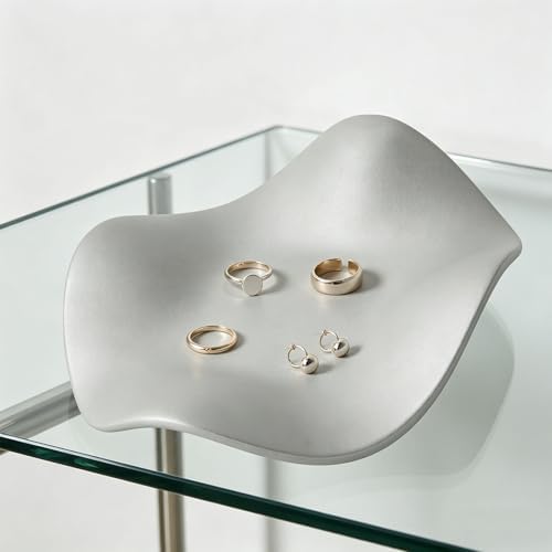 SUNGOOYUE Ceramic Jewelry Tray, Minimalist Vanity Organizer Ring Holder Small Catch All Dish for Earrings Keys, for Bedroom Entryway Table Home Decor (Silver) - Image 3