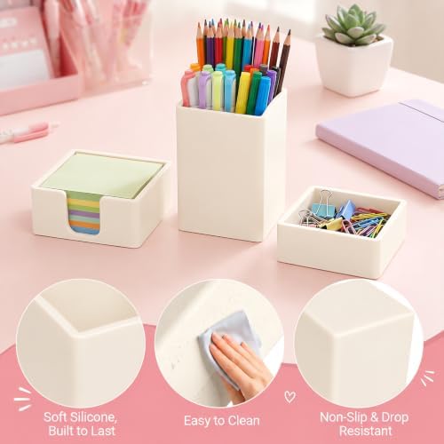 RAWILL Wood Desk Organizer Set with Sticky Note Holder, Pencil Pen Cup & Paper Clip Storage (Beige Silicone) - Image 4