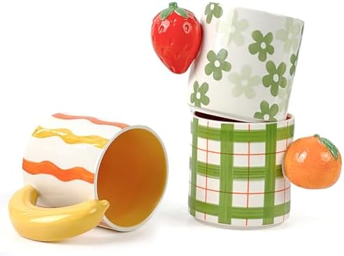 DIF DECO Ceramic Coffee Mugs Set of 3, Stackable Funny Tea Cup with Unique Fruit Shape Aesthetic Mug with Handle for Latte/Cappuccino/Cocoa - Microwave and Dishwasher Safe (14oz) by DIFDECO