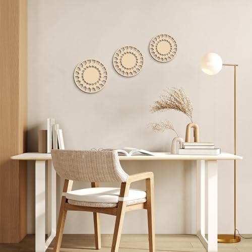 Boho Wooden Wall Decor Set of 3, Geometric Wood Wall Art for Living Room Bedroom Bathroom, Neutral Farmhouse Wall Decor, Modern Minimalist Round Wall Hanging, Ready to Hang - Image 4