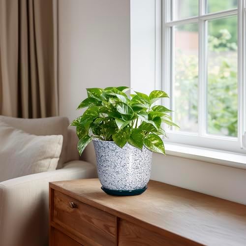 5.6 Inch Plant Pot - Ceramic Plant Pots for Indoor Outdoor, Round Orchid Succulent Pots with Drainage Hole and Saucer, Modern Flower Pot, Home Office Decor, Green-White - Image 5