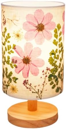 Dried Flowers Small Table Lamp 5W LED 3-Color Bedside Lamp Pressed Flowers Lampshade with Wood Base for Bedroom Living Room Desk Nursery by Floresita