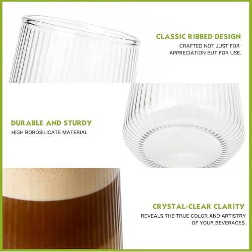 Greentainer Borosilicate Drinking Glasses Set of 6, 16 oz Clear Ribbed Highball Tumblers, Tall Glass Water Cups for Cocktail, Mojito & Long Drink, Dishwasher Safe Kitchen Drinkware & Bar Glassware - Image 4