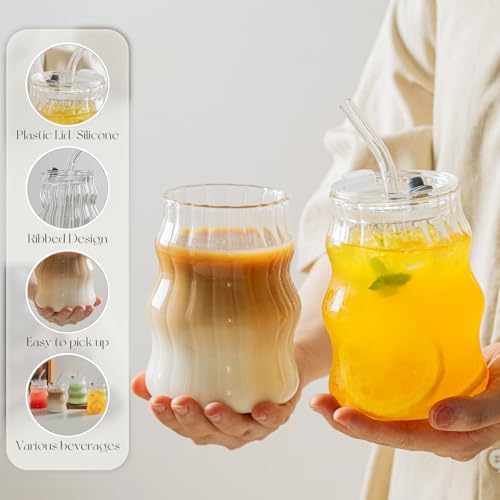 KEMORELA 4PCS Ribbed Glass Cups with Lids & Straws – 18oz Vintage Wavy Coffee Cups, Bubble Glass Aesthetic for Iced Coffee, Clear Ribbed Glasses with Straws, Ideal Drinkware Set - Image 5