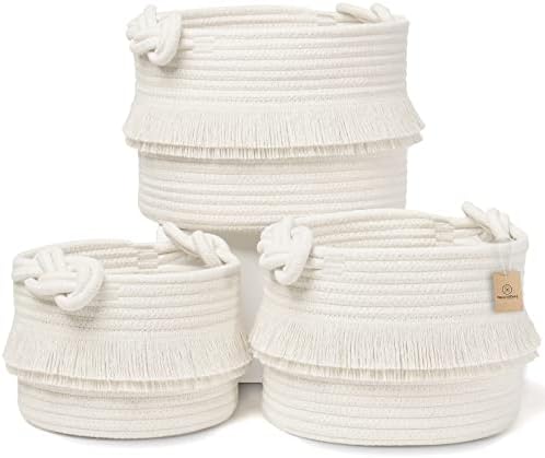 NaturalCozy 3-Piece Decorative Storage Basket Set – Cotton Rope Woven Baskets for Organizing! Small Storage Bins for Nursery Baby Stuff, Gift, Montessori, Dog Toy Bin, Cat Toys, Bathroom Shelves by NaturalCozy