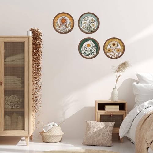 HPNIUB Vintage Flower Wall Decor, Farmhouse Sunflower Daisy Geometric Hanging Wooden Wall Art, 4 Pieces 10''x10'' Minimalist Boho Sun&Floral Wood Sign for Girls Bedroom Living Room Office - Image 6