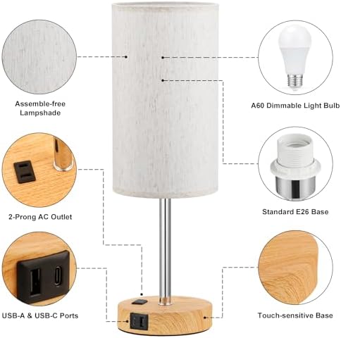 Fenmzee 17.4" Bedside Lamp for Bedroom - Dimmable Touch, USB A+C, AC Outlet - Image 6