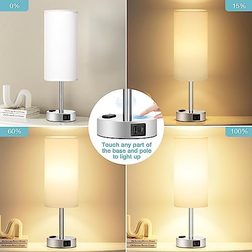 Fenmzee White Bedside Lamp for Bedroom, Dimmable Touch, USB A+C, AC Outlet - Image 2