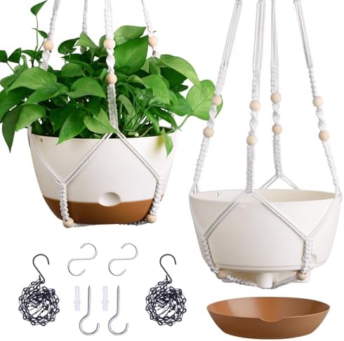 Set of 2-10 Inch Hanging Planters for Indoor Plants with Self-Watering Includes Hanging Pots for Plants, Outdoor Hanging Plant Pot with Drainage, and 2 Types of Hanging Baskets Hangers (White, 10inch) by Montresor
