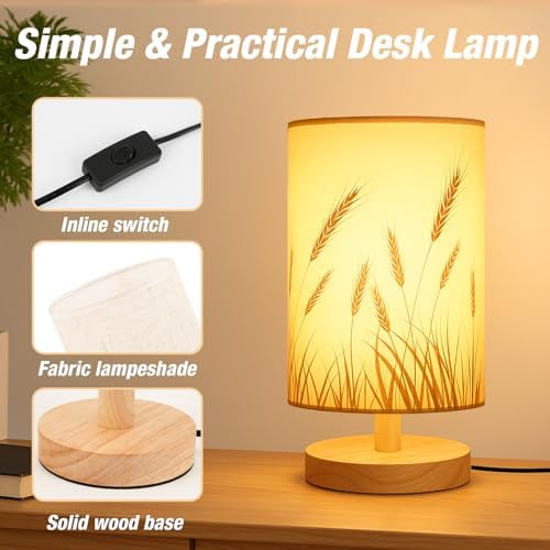 Desk Lamp LED Bulb Included, Small Bedside Table Lamp Plug-in - Classic Wood Base with Flaxen Fabric Shade, Lamps for Night Stands, Simple Nightstand Light for Bedroom, Office, Desk - Image 4