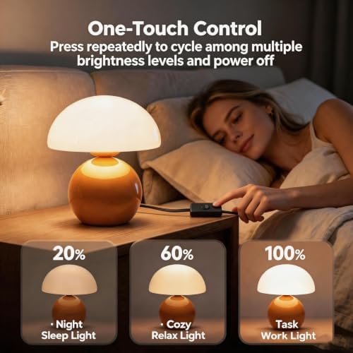 3-Way Dimmable Orange Mushroom Lamp - Plug Powered Small Desk Table Lamp with Dimmable Ambient, Night Light for Bedroom, Office,Nursery,Home Living Room Decor, Gift for Kids Teens & Adults（Orange） - Image 3