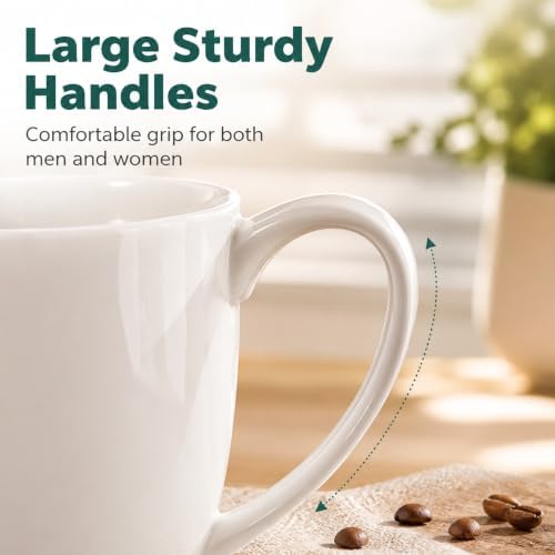 White Porcelain Coffee Mugs Set of 6, 13 Ounce Coffee Cups with Handle, Ceramic Tea Mugs for Latte, Hot Tea, Cappuccino, Mocha, Cocoa, Mug Gift Set, Dishwasher and Microwave Safe - Image 4