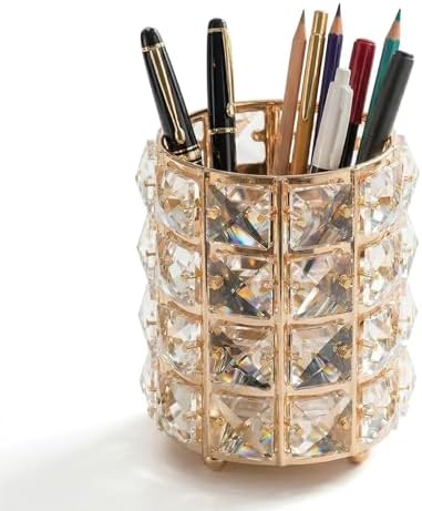 YAGELI Crystal Pen Holder for Desk, 3.58" Gold/Silver Pencil Cup by YAGELI