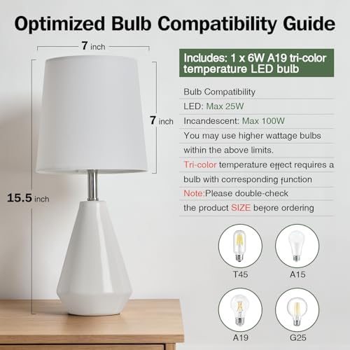 Small Bedside Table Lamp for Bedroom-Reading Desk Lamp Set of 2,with 3 Color Temperatures,15.5" Nightstand Ceramic Lamp with Fabric Shade for Kids Room,Living Room,Dorm,Home Office(White) - Image 3