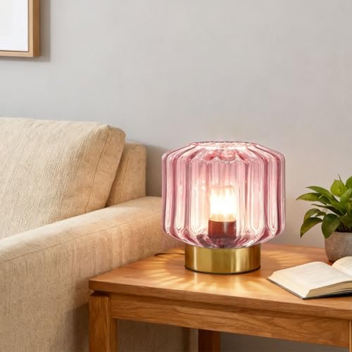 Small Lamp of 2 Pink Glass Table Lamps with Touch Table Metal Base, Mid Century Modern Table Lamps Mini Table Lamp nightstand lamp Gold Desk lamp for Bedside Bedroom Living Room Office - Image 6