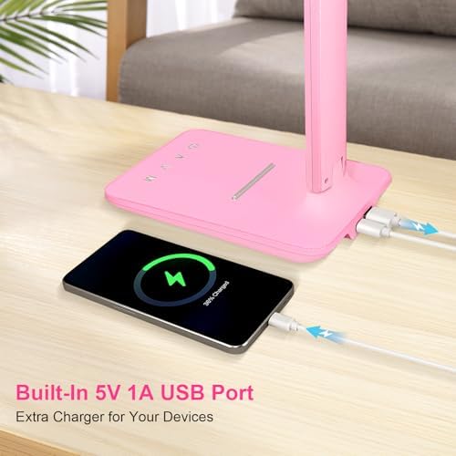 White crown LED Desk Lamp Dimmable Table Lamp Reading Lamp with USB Charging Port, 5 Lighting Modes, Sensitive Control, 30/60 Minutes Timer Pink (Pink, First-Generation) - Image 3