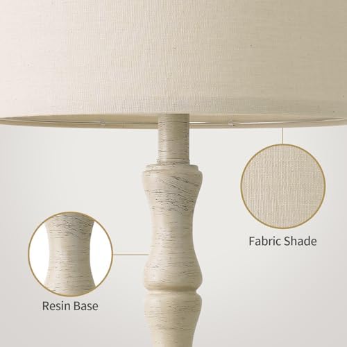 BOBOMOMO 25" Farmhouse Bedside Lamps Set of 2, Vintage Nightstand Lamps with Antique White Resin Base & Linen Shade, Standard Table Lamps for Bedroom, Living Room, End Table & House Décor - Image 4