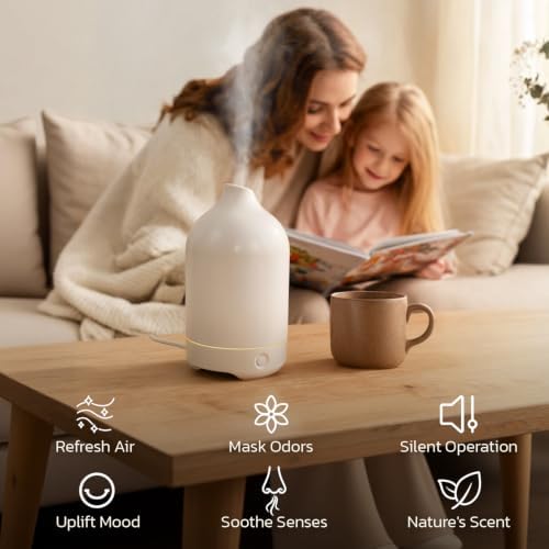 Essential Oil Diffuser, Ceramic Oil Diffuser, 120ML Scent Diffuser for Home, Ultrasonic Aromatherapy Diffuser, Cool Mist Humidifier with 7 Led Light, Auto Shut-Off, White - Image 5