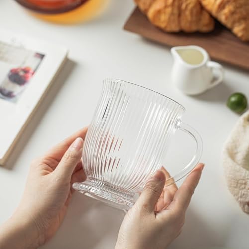 Ribbed Glass Coffee Mugs Set of 4,16 Oz Clear Diner Cups,Large Espresso Cups with Spoon, Glass Mugs with Handle Latte Cup with Footed Base for Hot Beverages,Cappuccino Cups, Stylish Drinkware - Image 3