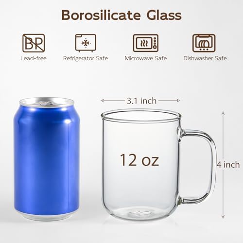 Glass Coffee Mugs, 12 oz iced coffee cups, Clear Tea Cups Set of 2, Glass Mugs with Handles, Glass Cups for Latte, Cappuccino, and Tea - Image 4