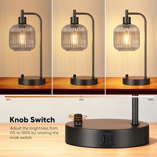 Grey Glass Table Lamps Set of 2, Dimmable Bedside Lamps for Living Room - Image 2
