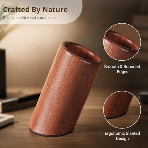 walowalo Pen Holder Natural Wooden Pencil Holder for Desk, Angled Design Makeup Brush Holder Pencil Cup, Multiple-Use Marker Holder Desktop Stationary Organizer for Office, Home, School - Image 2