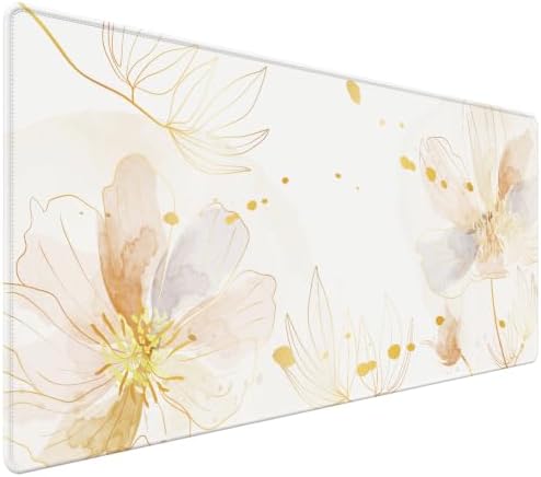 Gold Desk Mat, Aesthetic Floral Large Mouse Pad, 35.4 x 15.7 Inch XXL Keyboard Mat Non-Slip Waterproof Desk Pad, Full Desk Protector for Women Office Home (Champagne) by HUADO