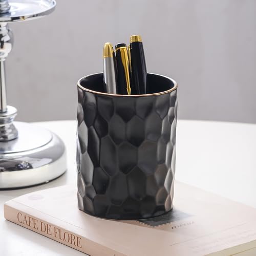 Aesthetic Desk Organizer Set of 2 For Office, Ceramic Pen Holder and Paper Clip Holder Dispenser, Cute Pencil Cup Pot for Desk, Desktop Accessories For Women Men, Office Decor Ideal Gifts (Black Set) - Image 4