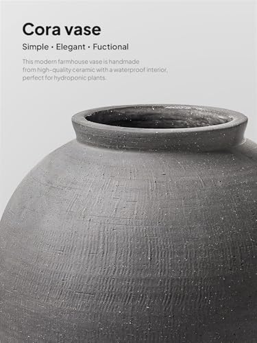 Black Ceramic Vase - Large 12.5 Inch Round Floor Vase for Centerpieces, Farmhouse Flower Vases, Rustic Minimalist Home Decor,Sandstone Dark Grey - Image 5