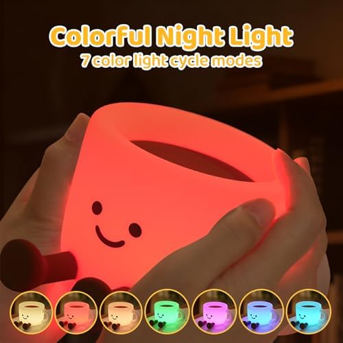 Coffee Cup Night Light, 3 Level Dimmable 30 Timer 7 Colors Nightlight Cute Lamps Silicone Squishy Light USB Rechargeable Bedside Touch Lamp for Baby Desk Dorm Decor Birthday Gift - Image 3